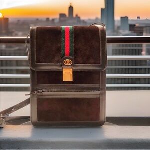 Vintage 1970s Gucci Ophedia Stripes Brown Suede Leather Messenger Crossbody Bag